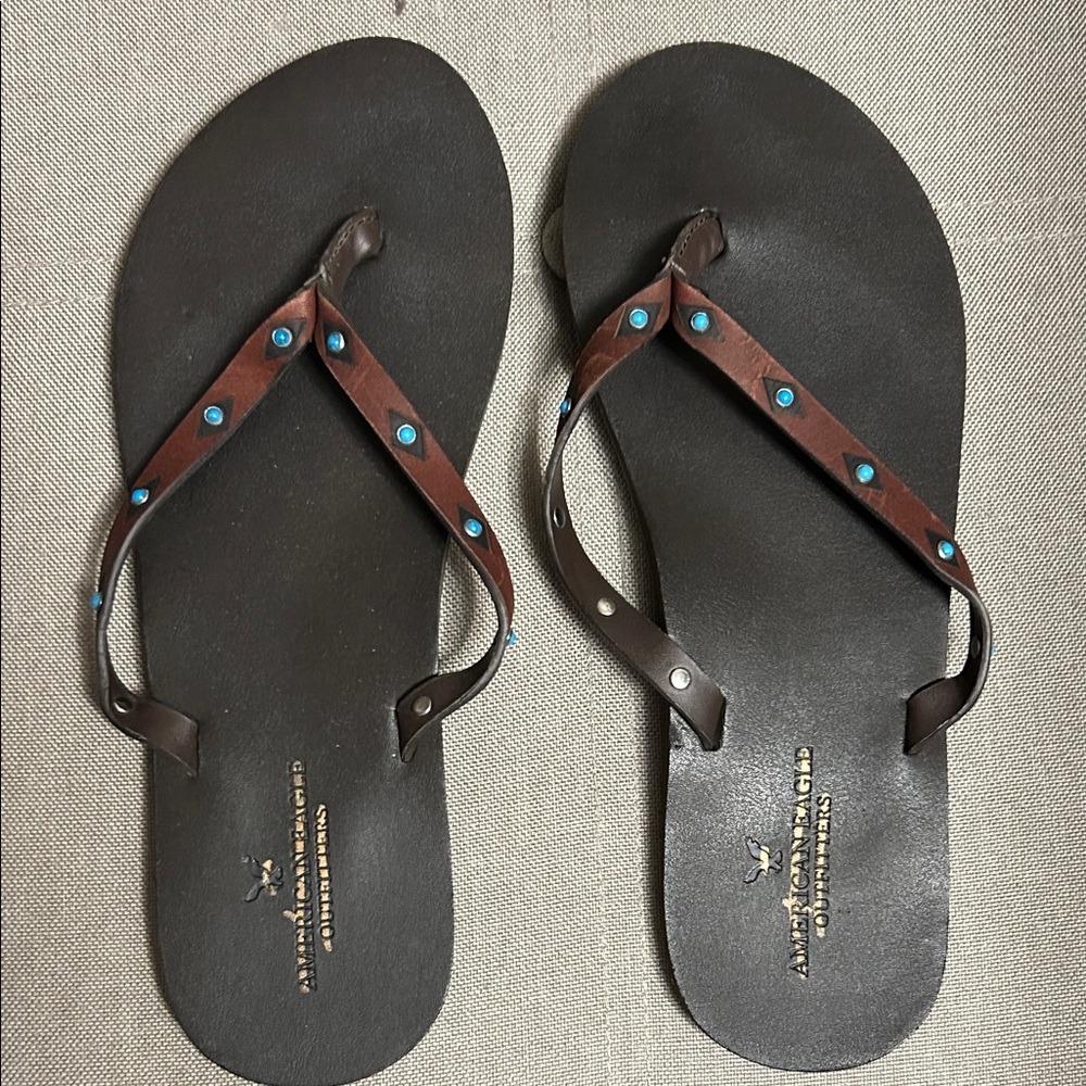 American Eagle Outfitters Brown and Black Sandals with Blue Accents